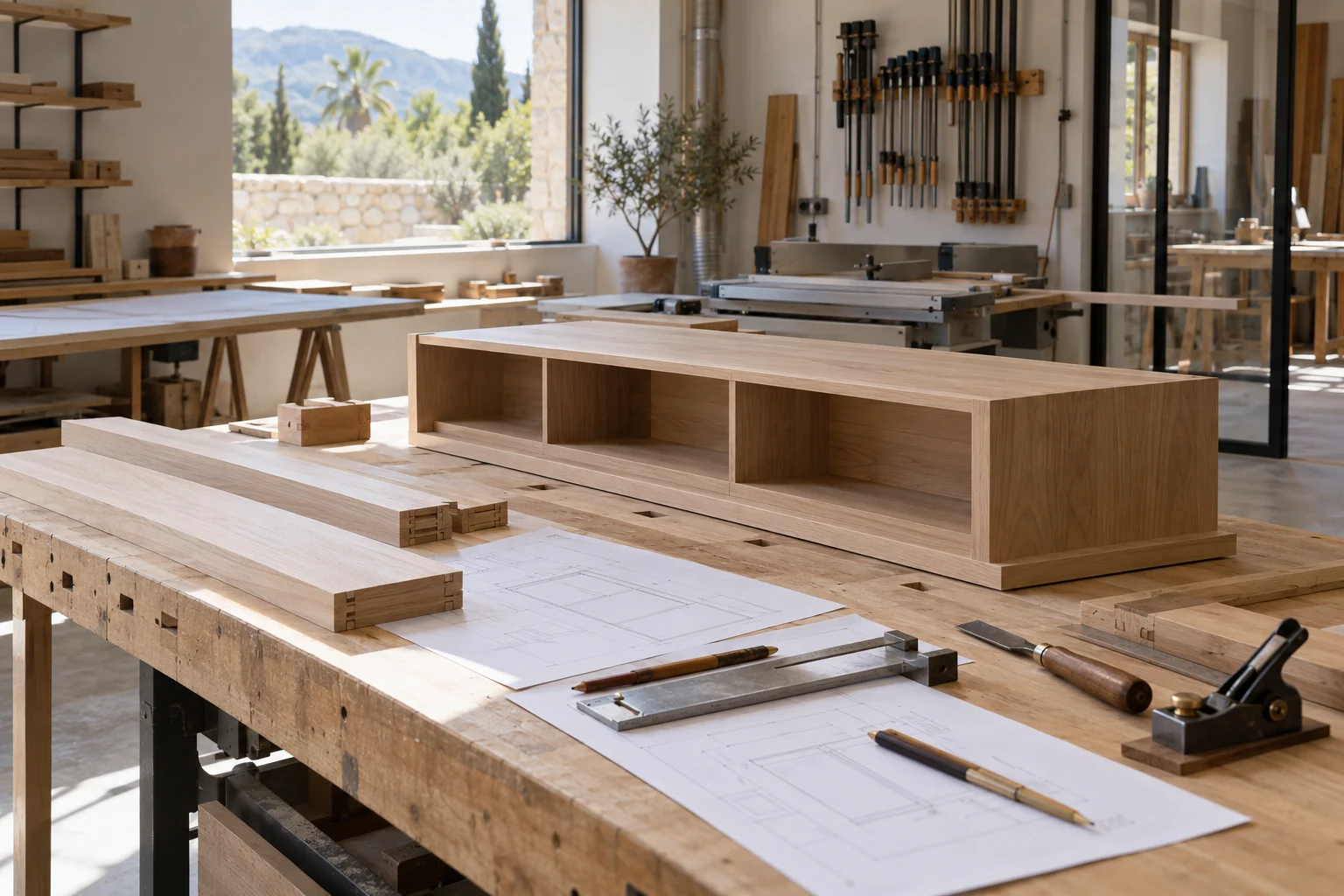 Concept d’atelier de menuiserie avec un meuble en chêne sur un établi