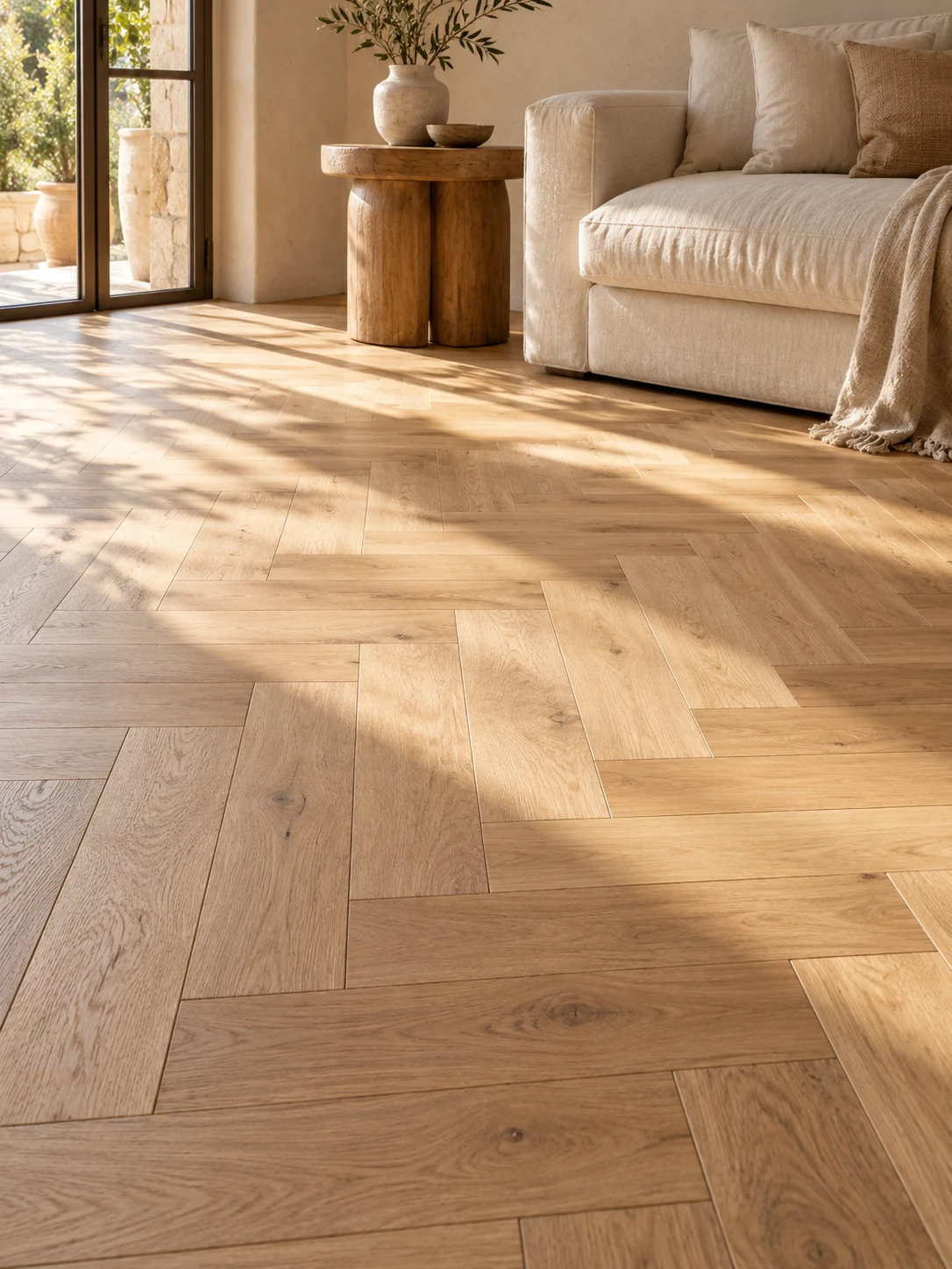 Suelo de parquet de roble con veta natural, uniones precisas y luz mediterránea