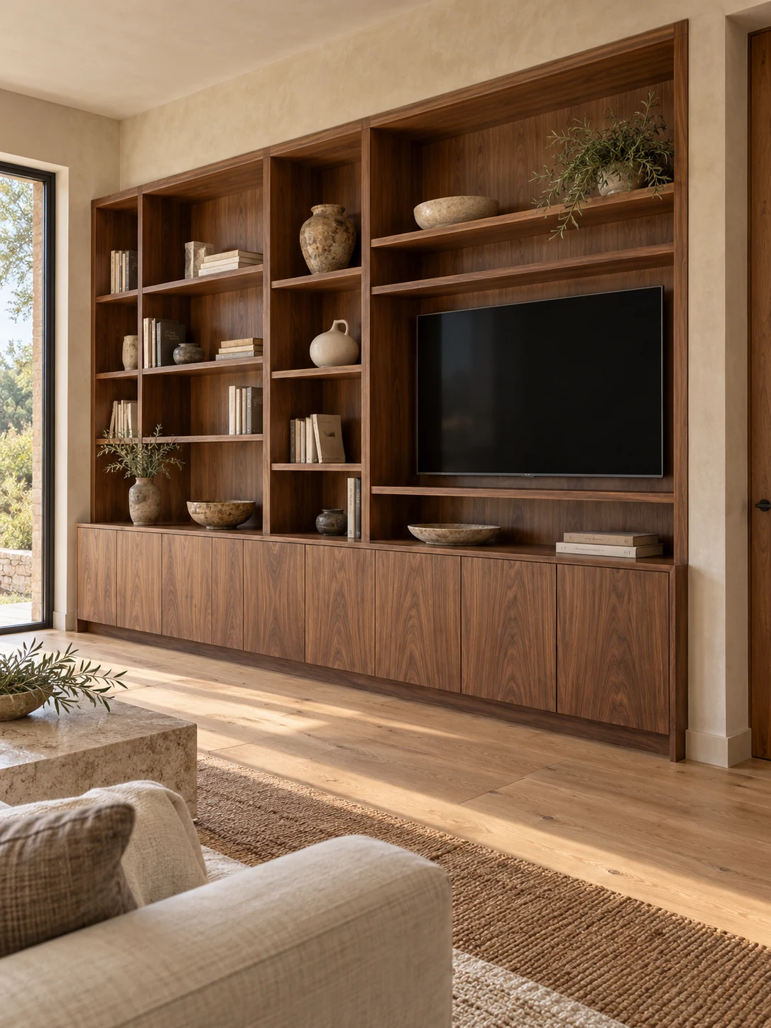 Mueble de salón y librería a medida integrados en una pared de madera natural