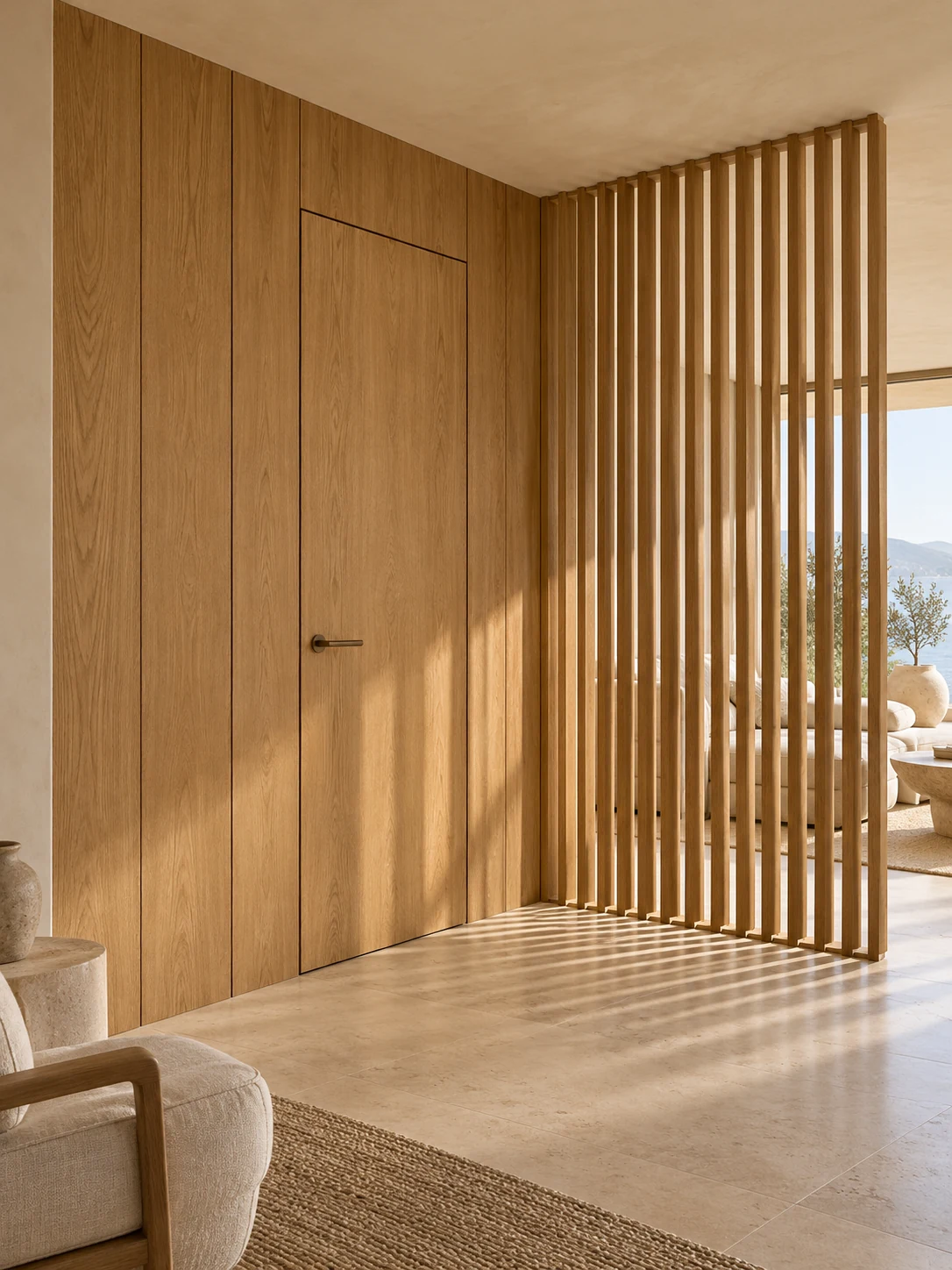 Architectural timber joinery with wall panels, an integrated door and a slatted partition