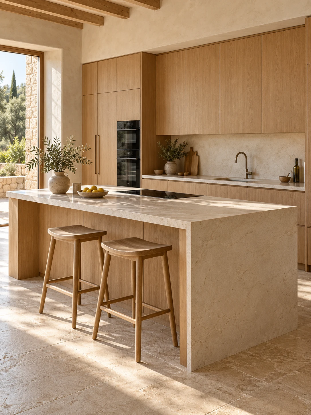 Bespoke oak kitchen with an island and pale surfaces in a Mediterranean interior