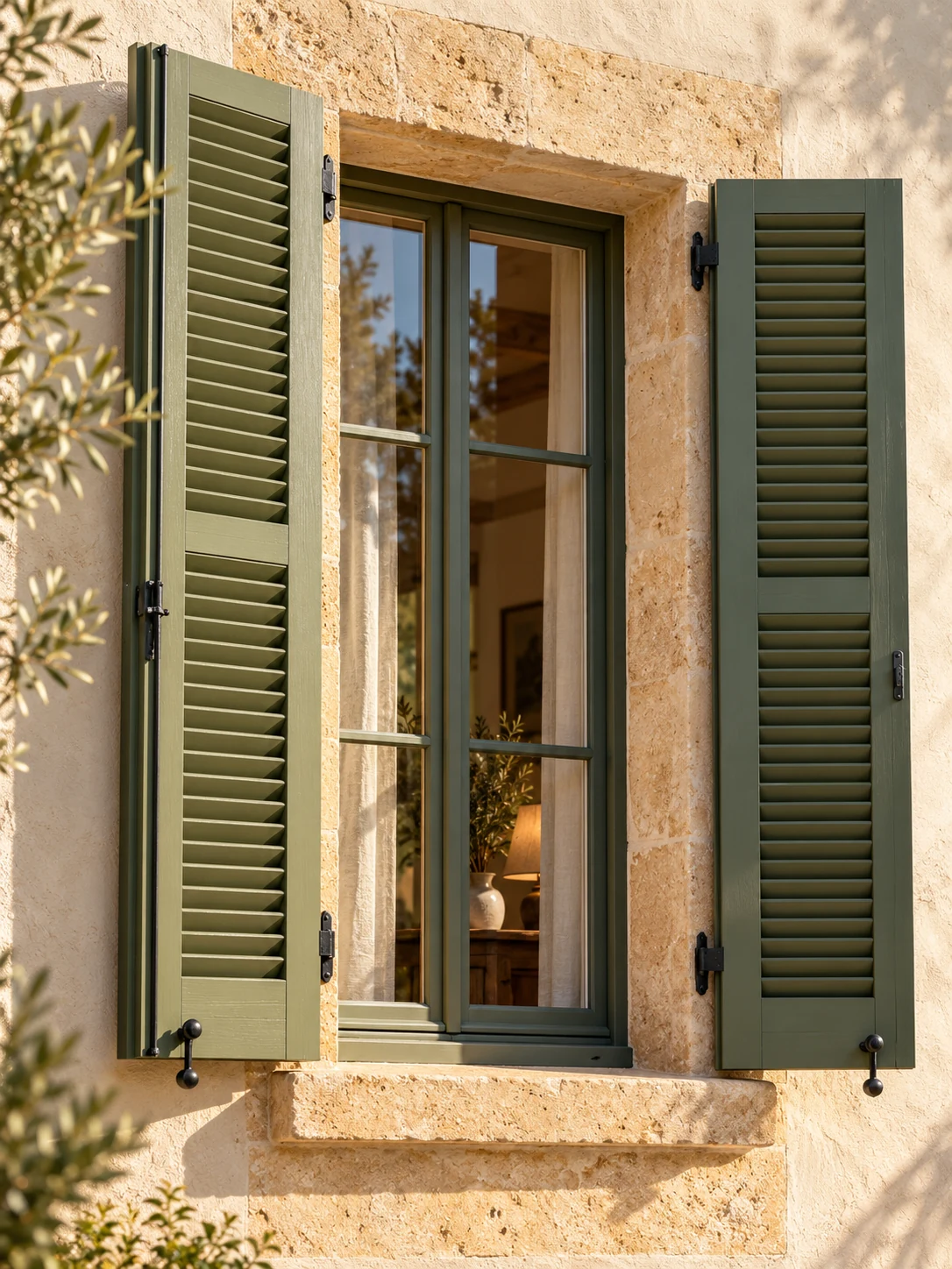 Persiennes majorquines en bois à lames sur une façade méditerranéenne en pierre et chaux
