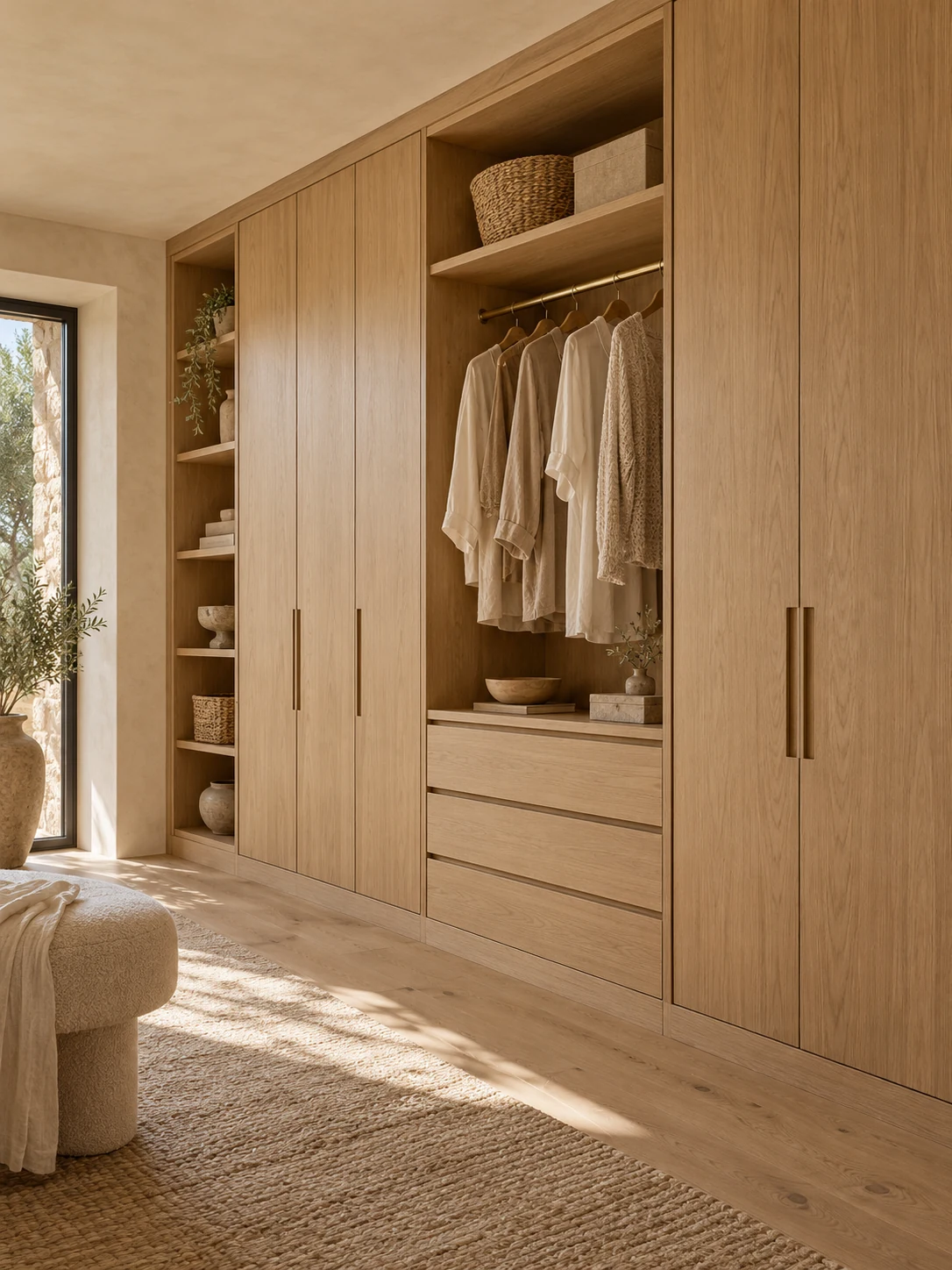 Full-height fitted wardrobe with timber fronts and visible interior storage