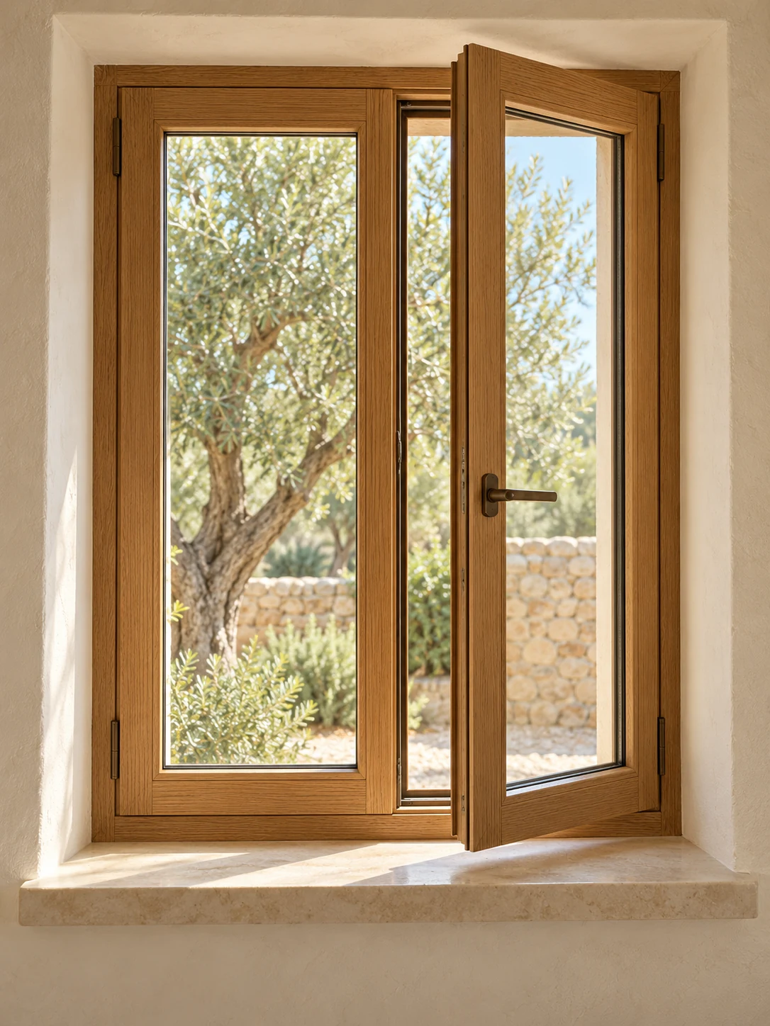 Holzfenster mit sichtbarer Verglasung, Rahmen und Beschlägen in einem hellen Innenraum